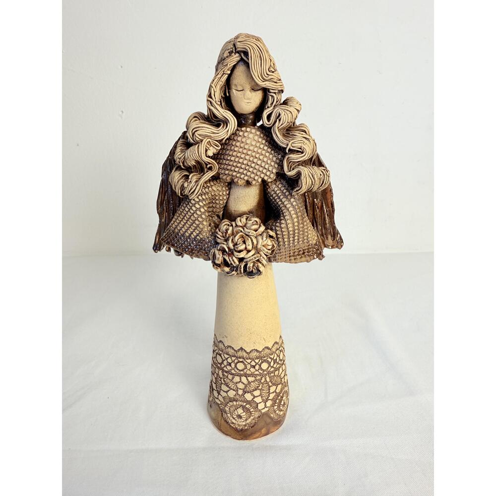 Handcrafted Womens Brown Beige Textured Lace  Bouquet Traditional Angel Figurine